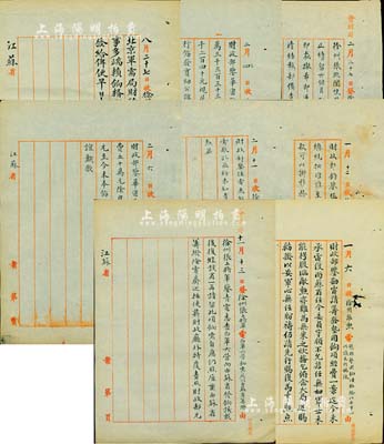 民國四年（1915年）北洋政府財政部留檔之“徐州張勛電”、“徐州張巡閱使電”、“徐州張上將軍電”（時任長江巡閱使、定武上將軍）電報稿共8則不同，其上內(nèi)容均為“催撥軍餉”等情；張勛乃近代史之著名人物，在清朝覆亡后為表示效忠清室，曾禁止所部剪辮子，故稱“辮帥”，后因兵變復(fù)辟而備受爭議；保存甚佳，敬請預(yù)覽