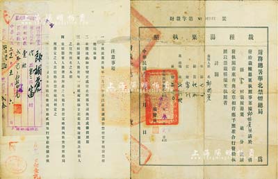 民國叁拾壹年（1942年）財務(wù)總署華北禁煙總局“栽種罌粟執(zhí)照”1份，發(fā)行于山西代縣，背貼有“煙畝罰款收據(jù)”1張；此種鴉片執(zhí)照存世頗為少見，保存尚佳，敬請預(yù)覽