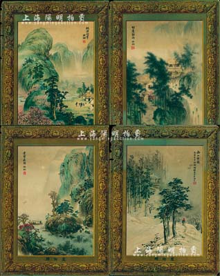 民國時期“愛卿牌”大型香煙廣告畫共4張全套，尺寸360×485mm，其上分印“桃源問津”、“赤壁夜游”、“竹樓聽雨”、“西山放鶴”圖以代表一年春夏秋冬四季，均由著名畫家胡伯翔繪稿，圖案美觀，保存尚可，敬請預(yù)覽