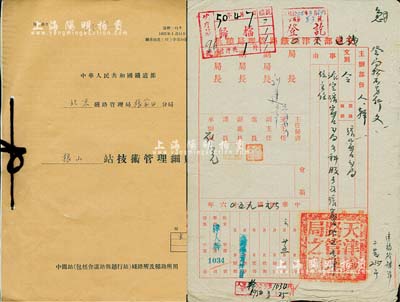 1950至1957年中華人民共和國(guó)北京（天津）鐵路管理局張家口分局檔案資料一宗，內(nèi)含各式通令、名單、公文及《狼山站技術(shù)管理細(xì)則》等，內(nèi)容繁多，難以細(xì)述；此檔案對(duì)研究張家口鐵路史頗有裨益，保存尚佳，敬請(qǐng)預(yù)覽