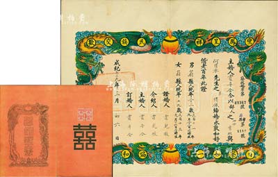 成紀(jì)七三九年（1945年）察南政廳頒發(fā)之“婚姻證書”一張，上印“鸞鳳呈祥、民族交歡、日察如一、協(xié)和萬年”字樣，且圖案美觀，上貼蒙古聯(lián)合自治政府印花稅票；保存甚佳，敬請(qǐng)預(yù)覽