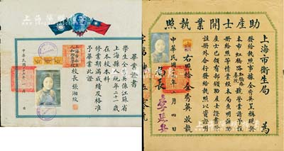民國助產(chǎn)士證書共2件一套，詳分：1934年“上海市私立人和助產(chǎn)學校”畢業(yè)證書1張（由校長張湘紋簽署）、1935年上海市衛(wèi)生局“助產(chǎn)士開業(yè)執(zhí)照”1張（由局長李延安簽署），均頒給上?？h全秀英氏；少見且保存尚佳，敬請預覽