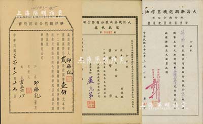 老股票3種，詳分：1937年華洋面包公司認股書，貳股計國幣壹佰元；1943年大昌新潤記機器榨油廠股份兩合公司增資臨時股款收據(jù)，690股計國幣叁拾肆萬伍仟元；1944年大隆織染廠股份有限公司股款收據(jù)，未填用；七至九成新