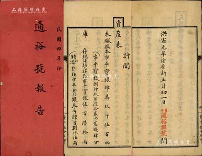 洪憲元年（1916年）《民國四年份·通裕號報告》1冊，該號乃山西平遙著名之銀號，內中記錄其股本總額為市平寶銀10萬兩，且發行有紙幣，該年可分紅凈利（稱“天賜福利”）為市平寶銀1099兩4錢7分，內容極為豐富；此種洪憲帝制時代之銀號營業報告書，存世極為罕見，值得重視和研究，保存尚佳，敬請預覽