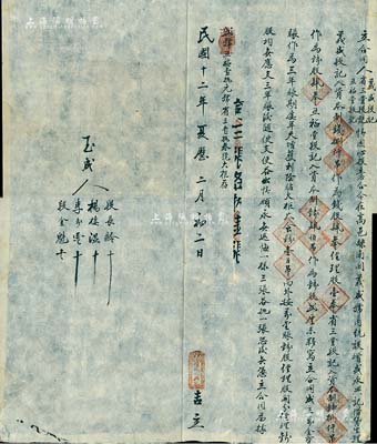 民國十二年（1923年）河北高邑縣“增盛永興記”合同1份，事為義盛段記、省三堂段記、五福堂段記3人合夥在高邑縣開設增盛永興記借貸生理，由義盛段記入資本制錢8000吊作為錢股4俸、經理股1俸，省三堂段記入資本8000吊作為錢股4俸，五福堂段記入資本400吊作為錢股2厘，并言明約定等情，且僅訂立3份；此種金融業之傳統合同頗為少見，內涵豐富，保存甚佳，敬請預覽