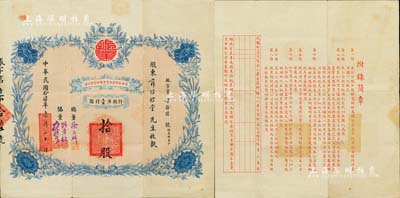 民國拾肆年（1925年）包頭振業房地實業股份有限公司股票，拾股計股洋壹仟圓，上印嘉禾花卉圖，背印簡章，票幅宏大且形制精美；罕見，八成新