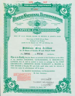 1927年（澳門）大西洋銀行股票樣張，面額10股計900埃斯庫多；此種股票版式前所未見，乃源于英國布拉德伯里·威爾金森印鈔公司破產后之檔案外流；珍罕品，亦屬首度公諸于拍賣，九五成新