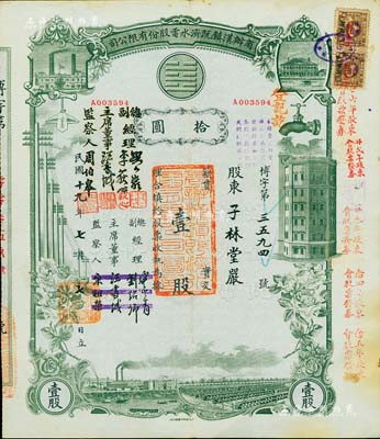 民國十九年（1930年）商辦漢鎮既濟水電股份有限公司股票，灰綠色壹股計國幣拾圓，票上公司領導之姓名分別改印為劉少巖（宋子文同學、慎昌洋行買辦）、李荻心、汪書城（曾任湖北省政府委員兼民政廳長）、周伯皋，甚是特別；該公司為中國近代著名之民族企業，此種圖案股票之第二版簽名券，少見，八成新