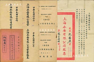 民國時期“上海永安有限公司”史實一宗，詳分：1920年《庚申年結冊》、1936年《營業賬略》、1937年《營業賬略》、1938年《營業賬略》、1939年《決算報告》、1940年《決算報告》共6冊，均內列公司資產及董事會成員等詳情；另附1939年“召集股東特別大敘會通告”1張、老股票封套1個；該公司為民國“四大百貨公司”之一，歷史意義厚重；保存尚佳，敬請預覽和重視