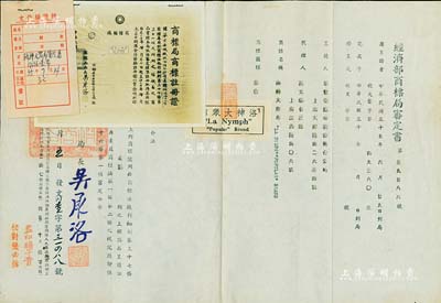 民國卅五年（1946年）國民政府“經濟部商標局審定書”一份，事為華豐染織廠股份兩合公司呈請注冊“洛神大眾布”商標，由局長吳承洛（著名化學家）簽署，且上貼商標局商標注冊證老照片等；少見且保存甚佳，敬請預覽