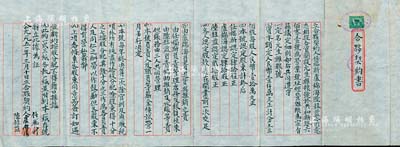 1951年上海元生雜糧號(hào)“合夥契約書”1份，事為任福新、盧錦海、陸赫益3人公議合資在共和新路601號(hào)開設(shè)元生雜糧號(hào)，共集資人民幣壹仟萬元，分作壹佰股，內(nèi)有各股東出資占股狀況、職責(zé)分配、利益分配等公議條款；此乃我國(guó)傳統(tǒng)合同式股票，內(nèi)涵豐富，八成新