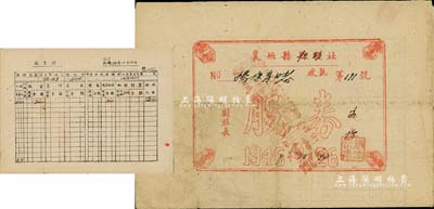 1946改1949年襄垣縣縣聯社改供銷社股券，正面所印人物圖極具趣味，背面印有股金摺，且填有股金數額9000元，屬山西解放區之老股票，七五成新
