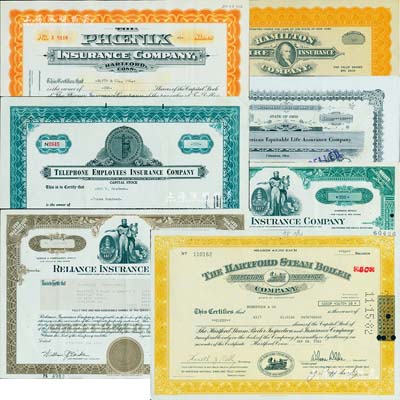 外商保險公司老股票7種，詳分：1927年漢密爾頓火災(zāi)保險公司100股計5000美元；（美國）鳳凰保險公司股票1954年1股，此乃著名之外商保險公司，自清末以來便進(jìn)入中國和香港等地廣推業(yè)務(wù)；電話雇員保險公司1962年300股；北美公平人壽保險公司1967年100股；信賴保險公司1976年棕色100股、1979年綠色200股；哈特福德保險公司1982年50股，據(jù)《上海金融志》283