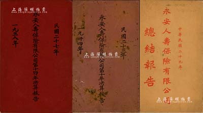 民國時期“永安人壽保險有限公司”資料共3冊不同，詳分：1934《第十次決算報告》、1938年《第十四次決算報告》、1940年《總結(jié)報告》各1冊，內(nèi)中有該公司董事局布告書、資產(chǎn)負(fù)債表等詳情；該公司乃永安集團(tuán)旗下之保險企業(yè)，保存尚佳，敬請預(yù)覽和重視