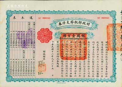 民國十二年（1923年）財政部秋節支付券銀圓壹百圓，由北洋政府財政總長張弧簽署，九成新