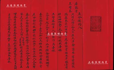 光緒三拾年（1904年）“立分撥約”1份，事為居敬堂、王增泰2人因光緒二拾叁年（1897年）在天津徐家冰窖前開設瑞森泰染坊生理，由居敬堂出資津錢1442千300文作為錢股壹俸、王增泰以人力作為壹俸，至光緒三拾年正月初二日止，凈得余利錢8175千136文，由兩位股東平均分配，并將生意歇業，特立此分撥約；此種商號歇業合同，頗具史料研究價值，亦首度公諸于拍賣，保存甚佳，敬請預覽