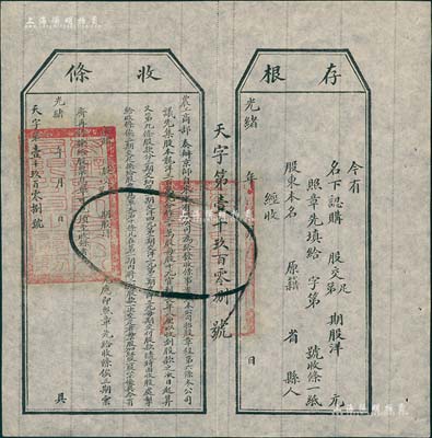 光緒年（1907年）農工商部奏辦·京師自來水有限公司股票收條，未填用附帶有存根，八五成新