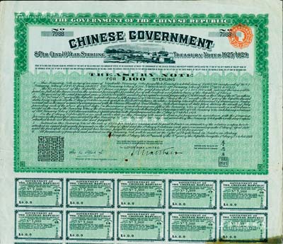 1919年中華民國政府對外發(fā)行“中國政府八厘十年期金庫券”（即費克斯借款之軍火公債）100鎊，由北洋政府財政總長李思浩簽署，背面印有中文；海外藏家出品，八成新