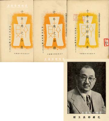 民國三十二年（1943年）財政部公債司編《十年來之公債》、錢幣司編《十年來之金融》和人事處編《十年來之財務人事》共3冊不同，由中央信托局印制處印行，均屬“財政部長孔祥熙就職十周年紀念文輯”，內中對公債、金融、財務人事之描述頗為詳盡，尤其債券1冊資料較為豐富，值得參考和借鑒；保存極佳，敬請預覽