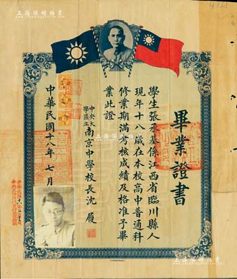 民國十八年（1929年）“中央大學區立南京中學”畢業證書1張，頒給江西臨川籍學生張承基氏，上印孫中山像和雙旗，由校長沈履（著名心理學家、中國心理學史締造者之一）簽署，七五成新