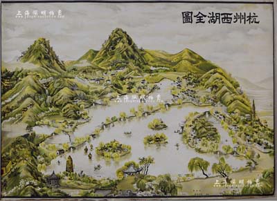 民國時期《杭州西湖全圖》彩色地圖1張，尺寸740×510mm，由上海四馬路陳正泰發行，上對西湖之全景繪制極為詳盡，形制美觀，左下角由“趙藕生繪”落款（民國吳縣籍著名月份牌畫家）；少見且保存甚佳，敬請預覽