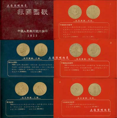 1952年中國人民銀行總行編印《銀圓圖說》精裝本一冊，專供各行收兌銀元分版參考之用，內中收錄蘇維埃銀幣、軍閥紀念幣、民國流通銀幣、龍洋、外國銀幣圖片共100頁，頗具參考價值，保存尚佳，敬請預覽