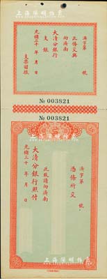 光緒三十年（1904-）大清分銀行支票，由濟南分行發行，附帶有存根；少見，九成新