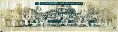 民國二十二年五月廿八日（1933年）“中央銀行業務局同人歡送唐總經理、張副經理、竹襄理攝影紀念”長卷歷史老照片一張，由上海南京路王開照相館攝制，尺寸900×250mm，保存尚可，敬請預覽