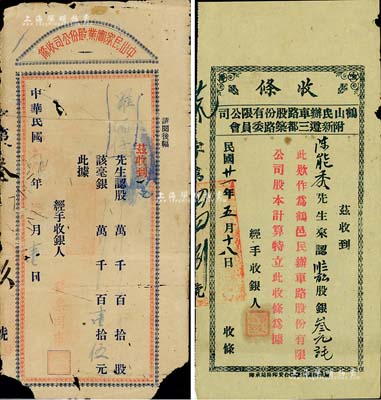 民國(guó)廣東地區(qū)股份收條2種，詳分：1930年中山民眾實(shí)業(yè)股份公司收條，認(rèn)股毫銀壹拾伍元，背印“憑此收條換取股票”等字樣，該公司為中山縣第一個(gè)官辦大型實(shí)業(yè)公司；1932年鶴山民辦車路股份有限公司(附新遵三都筑路委員會(huì))收條，認(rèn)3.8畝股計(jì)毫銀3元8毛；六至七五成新