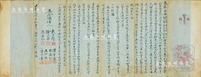 民國(guó)叁拾五年（1946年）勤勝運(yùn)輸行議據(jù)1份，內(nèi)由戴光耀、陳長(zhǎng)根、王河水等人意氣相投集股在杭州斗富三橋東弄17號(hào)門牌租賃房屋創(chuàng)辦勤勝運(yùn)輸公司，共集合股本法幣30萬(wàn)元，且詳列各股東出資占股狀況、股東任職、股息分配等情；浙江省傳統(tǒng)式老股票，內(nèi)涵豐富，近八成新