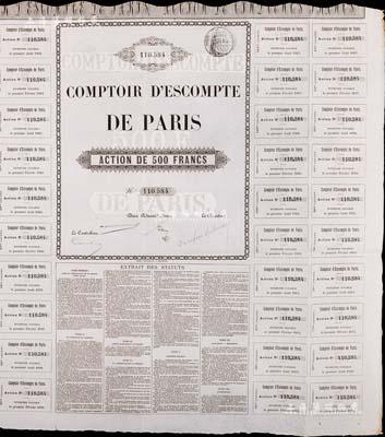 1888年法蘭西銀行（最早進入中國的非英資外商銀行，又譯為“巴黎國家貼現公司”）股票，1股計500法郎，罕見，八成新