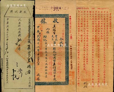 民國十二年（1923年）煙臺證券信托股份有限公司股款收據，第一期股份國幣伍佰圓計十股，背印章程；少見，八成新（另附：1932年山東民生銀行股款收照1枚，由福山縣以稅收形式攤派給花戶蔣維有氏）