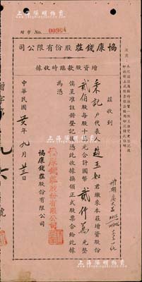 民國卅六年（1947年）協康錢莊股份有限公司增資股款臨時收據，貳佰股計國幣貳仟萬元，上海錢莊業老股票，少見且內有水印，八成新