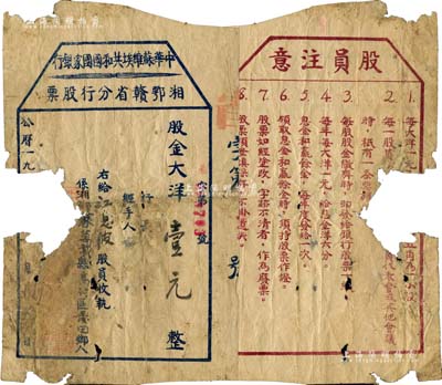 1932年中華蘇維埃共和國國家銀行湘鄂贛省分行股票，股金大洋壹元（屬一大股），由萬載縣高村區(qū)人江？波氏所承購，背印“股員注意”文字；中華蘇維埃共和國國家銀行，可謂是中國人民銀行之前身，而湘鄂贛革命根據(jù)地更是由無產(chǎn)階級(jí)革命家彭德懷、滕代遠(yuǎn)和黃公略等所創(chuàng)建；中國金融業(yè)老股票之無尚級(jí)大珍品，誠屬珍貴之紅色革命文物，歷史意義厚重?zé)o比；有破損，保存尚可，敬請(qǐng)預(yù)覽