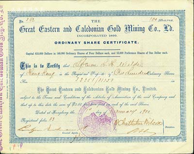 1900年大東方和加里東金礦有限公司股票，普通股100股（每股2.5元），該公司注冊于香港，專門從事金礦開采；海外藏家出品，罕見，八成新