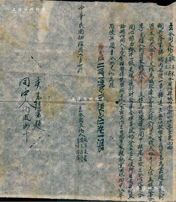 民國肆年（1915年）山西沁縣“銅興隆寶號”合同1份，事為趙尊宋、霍文蔚、李克信三人在沁縣城內(nèi)南街開設(shè)銅興隆寶號，以放帳生息貿(mào)易為業(yè)，由趙尊宋、霍文蔚、李克信各入資本錢叁拾千文各作為錢股壹分，獲利按三股均分；此乃山西晉商之傳統(tǒng)合同式老股票，內(nèi)涵豐富，保存尚佳，敬請預(yù)覽