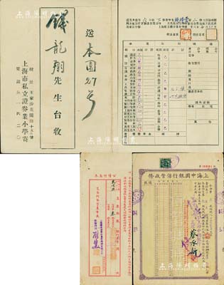民國廿八年（1939年）“上海市私立證券業小學”成績單1份，上有各科成績表和說明；此種證券業學校之實物，迄今或屬首見，八成新（另附：1930年上海中國銀行保管收條1枚，其上保管品為“裁兵公債票”百元票伍拾張計伍千圓，背有“上海華商證券交易所常務理事”之簽章，頗具史料研究價值）