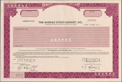 2002年美國納斯達克交易所股票樣張，紫紅色印刷；該交易所始建于1971年，是首家電子化股票市場，也是全美乃至世界最大的股票電子交易市場；源于美國印鈔廠檔案，雕刻版印刷，罕見品，全新
