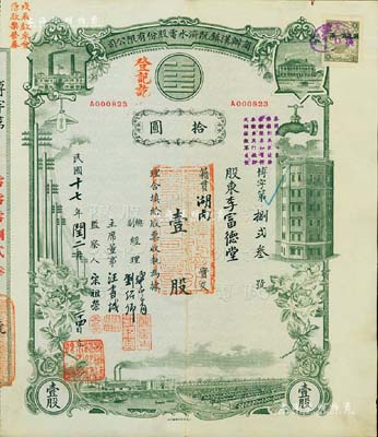 民國十七年（1928年）商辦漢鎮既濟水電股份有限公司股票，灰綠色壹股計國幣拾圓，票上由總副經理龔云青、劉紹仰、主席董事汪書城（曾湖北省政府委員兼民政廳長）、監察人宋祖榮簽名；該公司為中國近代著名之民族企業，此種圖案股票之第一版簽名券，八成新
