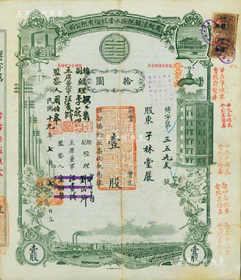 民國十九年（1930年）商辦漢鎮既濟水電股份有限公司股票，灰綠色壹股計國幣拾圓，票上公司領導之姓名分別改印為劉少巖（宋子文同學、慎昌洋行買辦）、李荻心、汪書城（曾任湖北省政府委員兼民政廳長）、周伯皋，甚是特別；該公司為中國近代著名之民族企業，此種圖案股票之第二版簽名券，少見，八成新