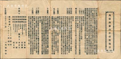 民國二十年（1931年）香港“萬德和金山莊招股簡章”1份，內(nèi)中詳列發(fā)起緣由、名稱、地址、股本、營業(yè)、股息、股權(quán)、股票等章程13條，且創(chuàng)辦人涉及香港、小呂宋、英國、美國華僑等，內(nèi)容頗為豐富；保存尚佳，背有貼補(bǔ)，敬請(qǐng)預(yù)覽