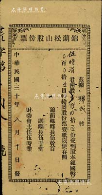 民國三十年（1941年）錦蓢松山股份票，股五份計國幣五員，由鄉長、副鄉長等署名發行；廣東臺山老股票，七成新