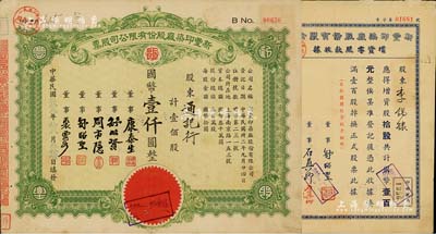 （上海）新豐印染廠股份有限公司股票2件，詳分：1943年增資零股款收據(jù)，拾股計國幣壹百元；1944年股票綠色壹佰股計國幣壹仟圓，票上有董事周市隱即北洋政府財政總長周學(xué)熙之次子周志俊；八成新