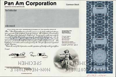 1984年（美國）泛美航空公司股票樣本，雕刻版印刷，源于美國印鈔廠檔案，全新