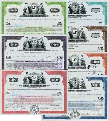 1973至1977年（美國）通用食品公司債券共7種不同，詳分：定額紅色1000美元、藍色1000美元、紫色5000美元、桔紅10000美元、綠色10000美元，不定額棕色6000美元、淡綠50000美元；該公司曾為美國最大的食品公司之一，1989年與卡夫食品公司合并，成為全球第二大食品公司，八五成新