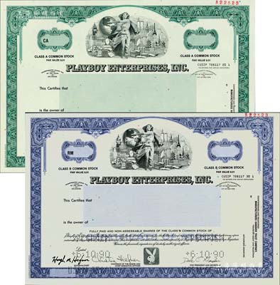 1990年（美國）花花公子公司股票樣本共2種不同，其中綠色為A股、紫色為B股，上印女神城景圖和經典的兔子LOGO，源于美國印鈔廠檔案，全新