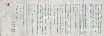 1955年11月13日山西忻縣“估衣業商號”合同約1份，事為王玙、盧映河二人合夥在忻縣東街開設估衣業商號，資本總額壹仟元，雙方各半，其上列明合同規則8條，且有“跟著社會主義的前進，在國家過渡時期的總線路指導下……接受社會主義改造”等語，極富時代特色；此乃所見年份最晚的傳統式股份合同（注：至1956年初，全國工商業已實現全行業公私合營），墨字俊秀，保存甚佳，敬請預覽