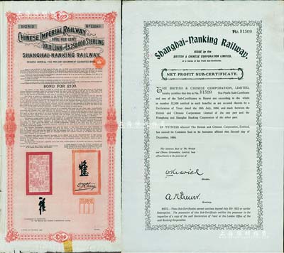 1904年大清帝國政府對外發行滬寧（上海至南京）鐵路債券100英鎊，由倫敦中英公司（British & Chinese Co. Ltd.）代理發行，上有鐵路大臣盛宣懷和駐英公使張德彝之關防和簽押；八成新（另附1904年華英公司滬寧鐵路債券20鎊1枚，有水印，八五成新）