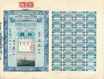 民國八年（1919年）哈爾濱戊通航業股份有限公司股票，拾股計銀元壹千圓，其公司董事由北洋政要梁士詒（曾任袁世凱總統府秘書長、交通銀行總理、北洋政府國務總理等職）署名，而第一次繳銀處蓋有“謝霖”（中國會計學家和會計界先驅，時任交通銀行總會計）之圖章；東北著名民族航運公司老股票，珍罕品，八五成新