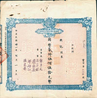民國卅一年（1942年）重慶銀行股份有限公司股票，面額為國幣貳仟伍佰伍拾元（每股伍拾元），票上股東典記即為四川名人甘典夔氏（曾任劉湘21軍政務處長、四川省府委員兼民政廳長等職，對四川之教育事業頗有建樹），附帶有甘典夔氏之股權登記表1張；七五成新（另附甘典夔氏人物介紹資料一份）